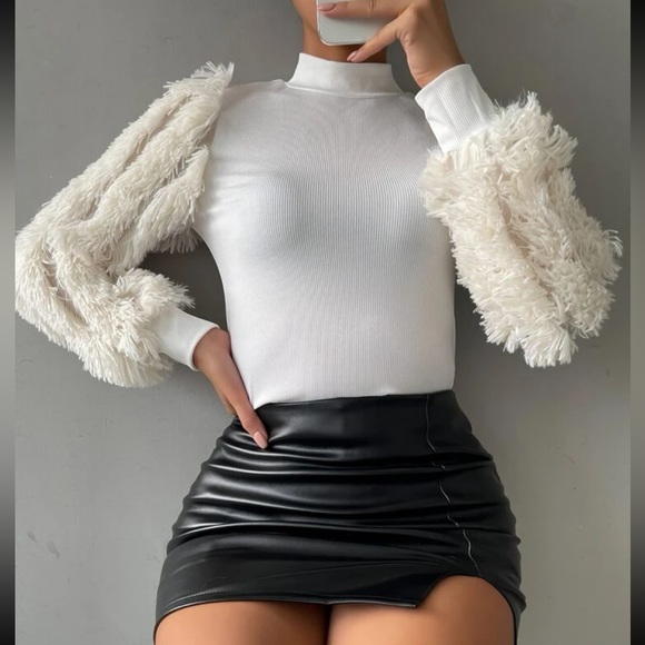 Cozy Faux Fur Fuzzy Long Puff Cuff Sleeve Mock Neck Top Blouse Shirt Black - Picture 15 of 16